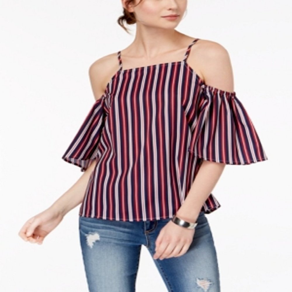 Crave Fame Almost Famous Juniors' Striped Cold-Shoulder Top, Size Small